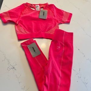 Brand new SET Gymshark neon pink ultra seamless crop top and leggings medium
